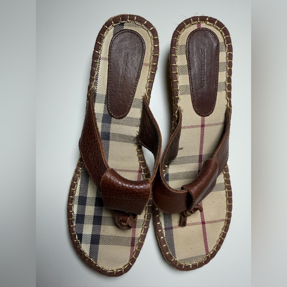 Burberry Nova Check Brown Leather Espadrille Thong Wedge Sandals Size EU 40 - Picture 10 of 12